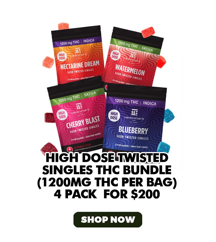 High Dose Twisted Singles THC Bundle (1200mg THC per bag) – 4 Pack - $200