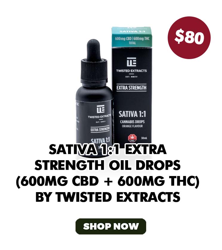 Sativa 1:1 Extra Strength Oil Drops (600mg CBD + 600mg THC) by Twisted Extracts - $80